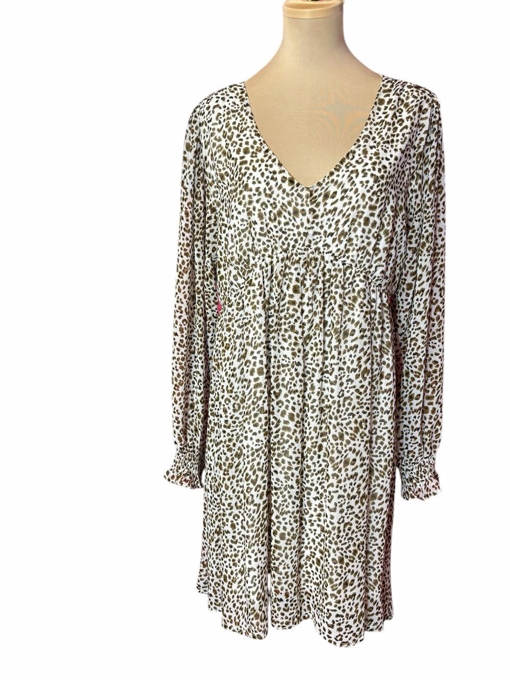 Kori Leopard Print Babydoll Dress Medium Long Sleeve V Neck Taupe Cream Boho